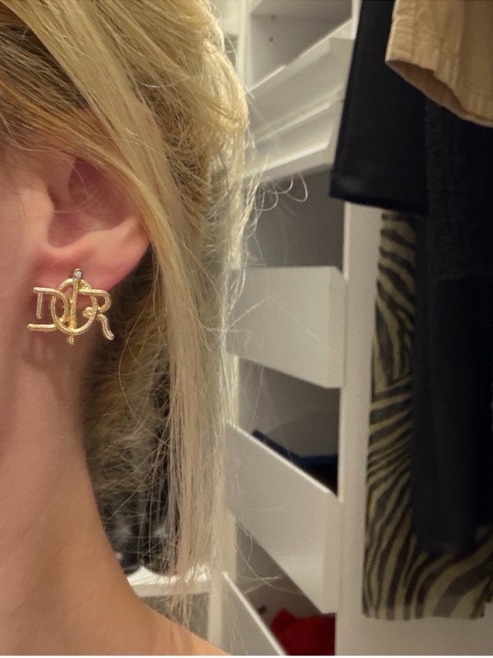 Dior Gold Tone Logo Stud Earrings
